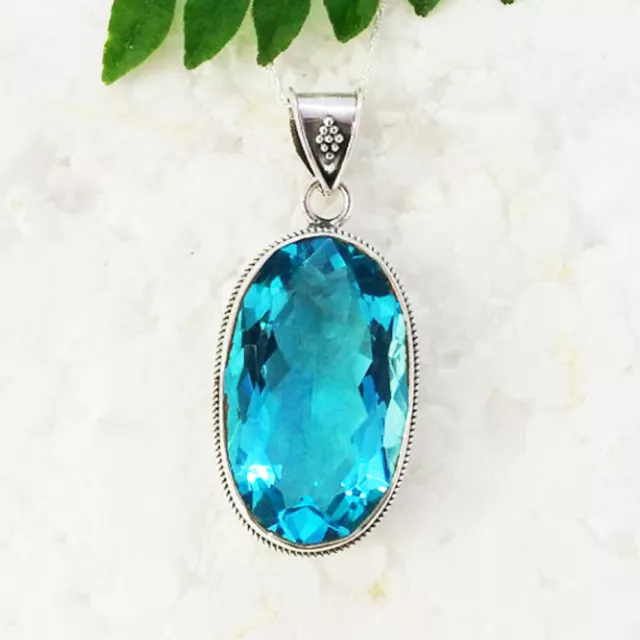 925 Argent Sterling Topaze Bleu Collier Handmade Gemme Bijoux Cadeau Pour Femme