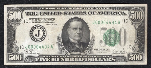 Fr. 2200-J 1928 $500 Five Hundred Frn Federal Reserve Note Kansas City, Mo Vf+