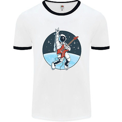 Space Rock Funny Astronaut Guitar Guitarist Mens White Ringer T-Shirt
