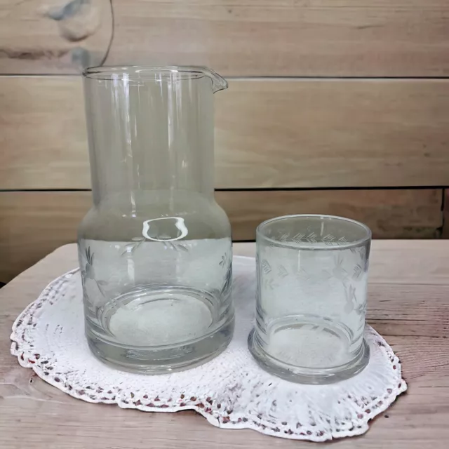 Vintage Tumble Up  Floral Etched Glass Bedside Water Carafe with Cup