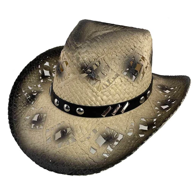 Chapeau Cowboy Beige Et Noir Style Western - Paille, Unisexe, Marque La Joya Du Mexique