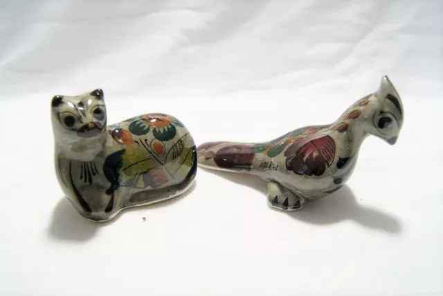 Lot of 2 Vintage Mexican Folk Art Pottery Hand Painted Cat & Bird Figurine