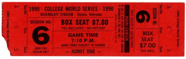 1990 COLLEGE WORLD SERIES Session 6 Ticket Stub STANFORD Georgia Bulldogs CWS