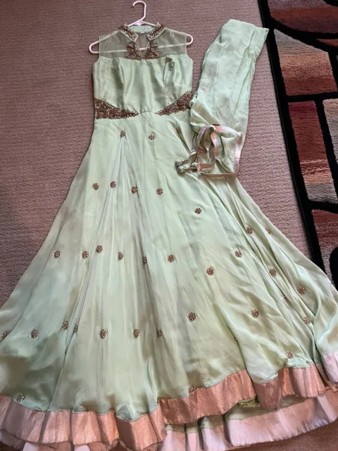 Indian Pale Green and Gold Gown with Chuni - Medium