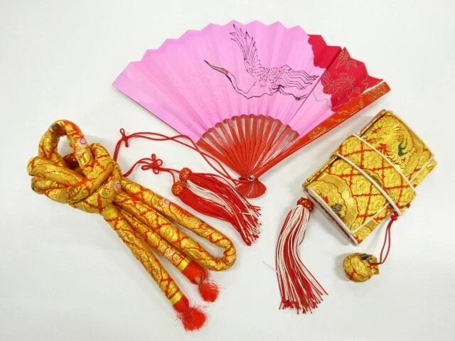 6353653: Japanese Kimono / Antique Hakoseko & Marukuge Cord & Fan Set / Woven Dr