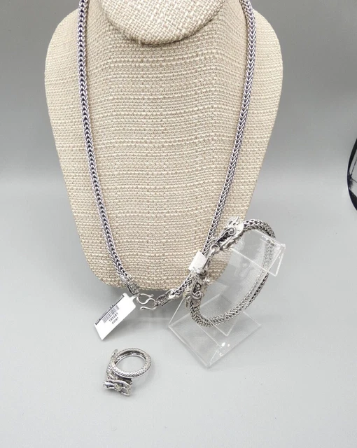 STR1769	Sterling Dragon necklace bracelet ring set size 9 105g