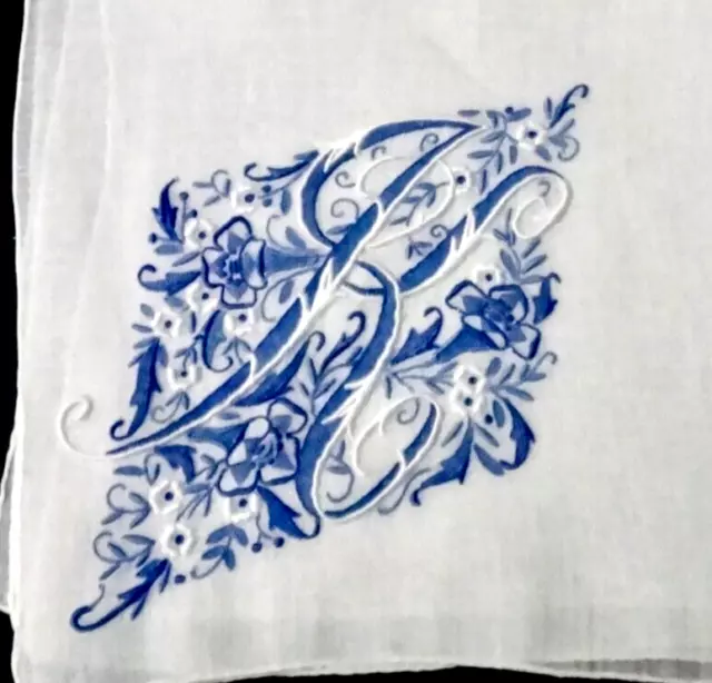 Madeira Embroidery Linen Hanky Large "K" Monogram, Fine Blue Floral Handwork VTG