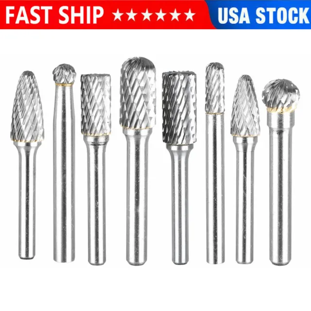 8X 1/4'' Double Cut Tungsten Steel Carbide Rotary Burr Die Grinder Shank Bit Set