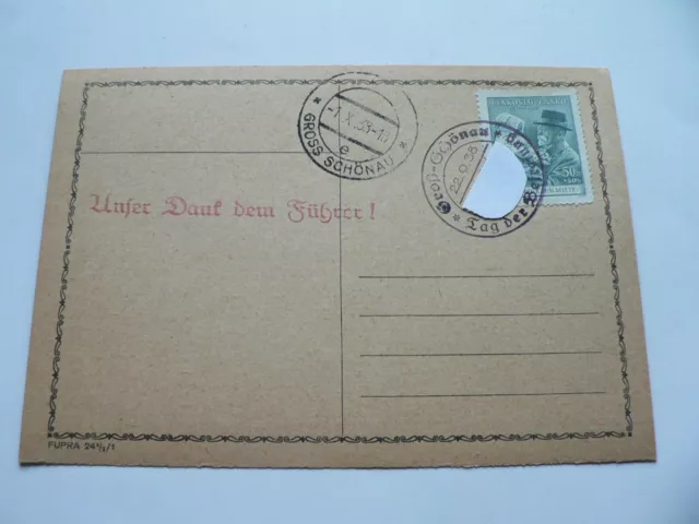 Postkarte Sudetenland mit Marke und Sonderstempel +Aufdruck