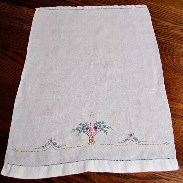 Flower Basket Hand Embroidered Linen Tea Towel Bed and Breakfast