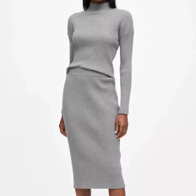 Banana Republic Ribbed Turtleneck Sweater Top & Ribbed Midi Skirt Set Gray S / M