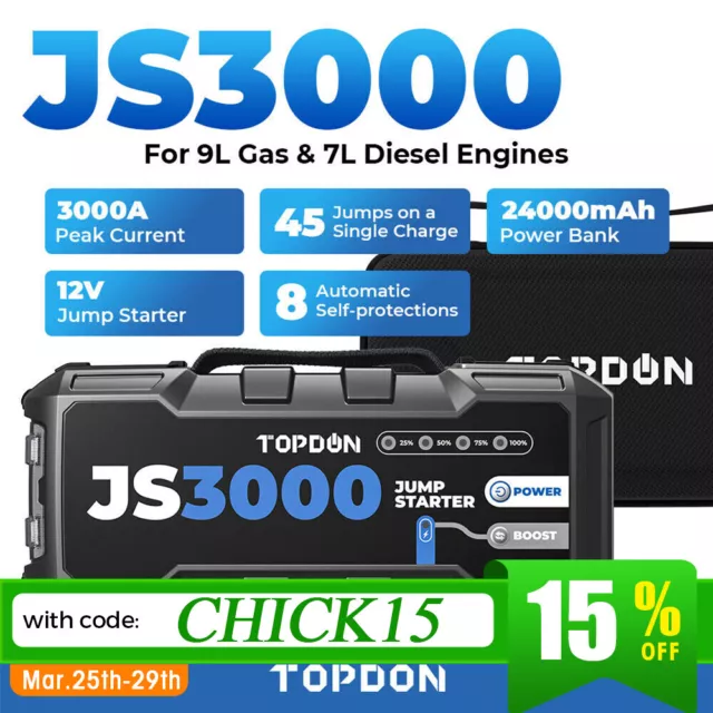 TOPDON JS3000 Car Jump Starter Battery Charger Booster Power Bank Portable 3000A
