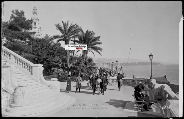 Plaque verre, photo négatif noir & blanc 9x14 cm, Monte-Carlo Monaco, promenade