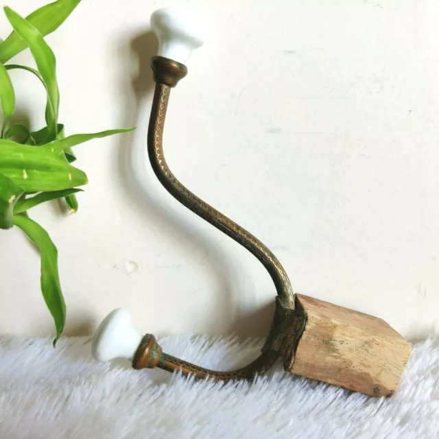1920s Vintage Victorian Ceramic Knob Ornate Brass Wall Hanger Hook Decorative