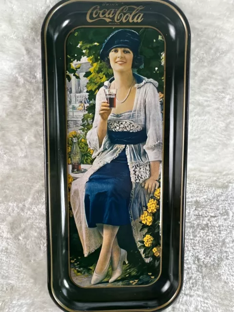 Vintage 1973 Coca Cola Rectangular Tin Serving Tray with Woman in Blue Dress