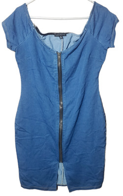 Haute Monde Denim Dress Stretch Off Shoulder Zip Front Womens XL