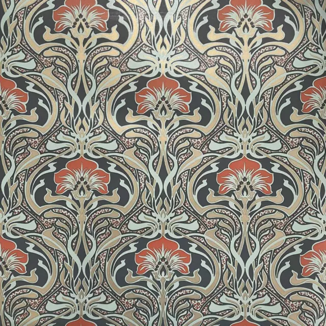 Archives Flora Nouveau Wallpaper Peacock Green - Crown M1196 Retro Flowers