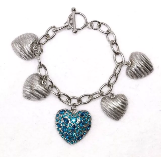 Heart Teal Turquoise Green Blue Crystal Charm Bangle Bracelet D40