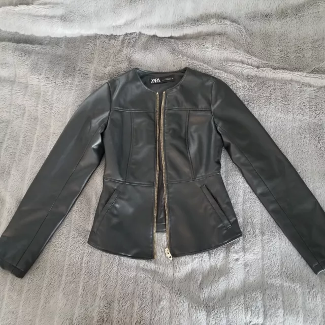 EUC ZARA JACKET SZ Small (S) Women's Black Zip-Up Collarless Faux ...