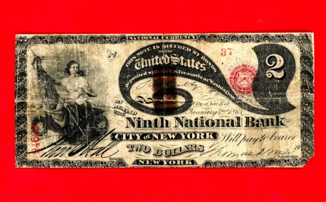 $2 1865 Lazy Deuce Ninth National Bank City Of New York Contemptory Conterfeit