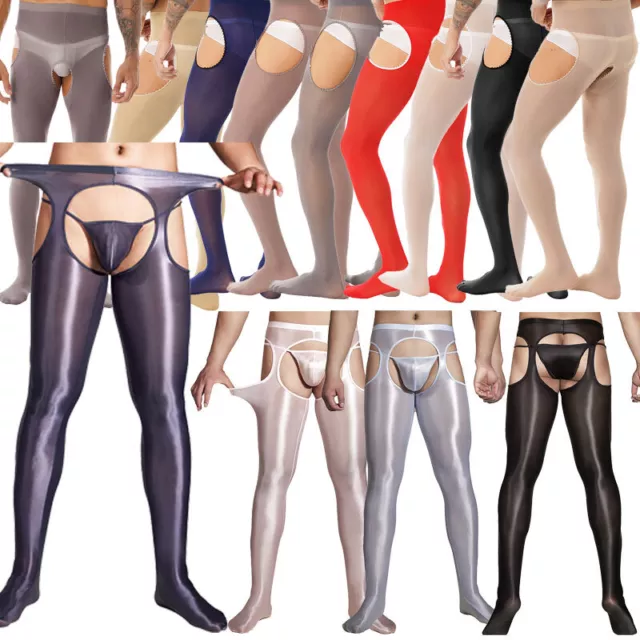 Men Glossy Crotchless Pantyhose Stockings Stretchy Tights Pants Trousers Hosiery