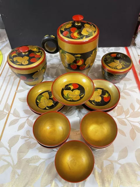 Set Of 13+Vintage Russian (USSR) Khokhloma Hand Painted  Wooden Jars Bowls Plate