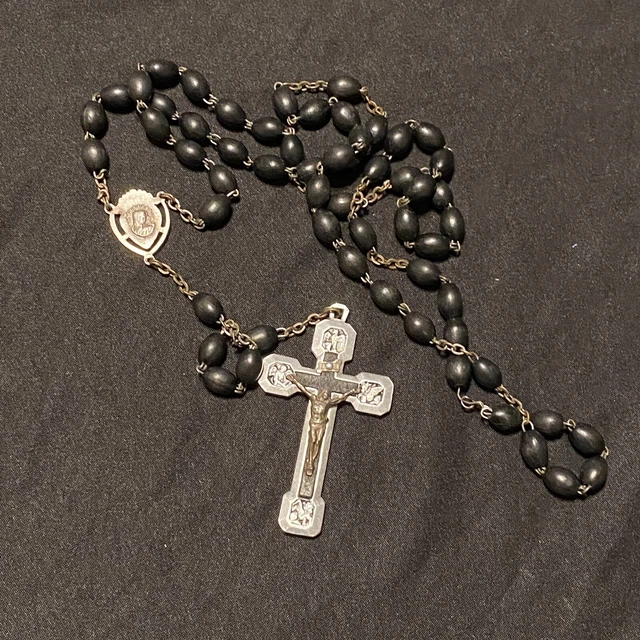 Vintage Rosary Ebony Dark Wood Silver Tone Crucifix Cross Brown Beads France