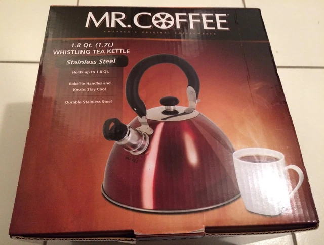 Mr. Coffee Whistling Tea Kettle, 1.8-Quart, Red, New, Stainless Steel