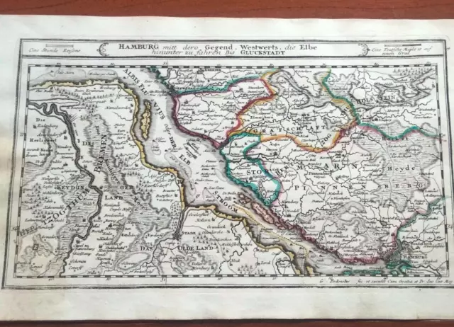 1720 Bodenehr Carta Geografica Germania Amburgo Sul Fiume Elba