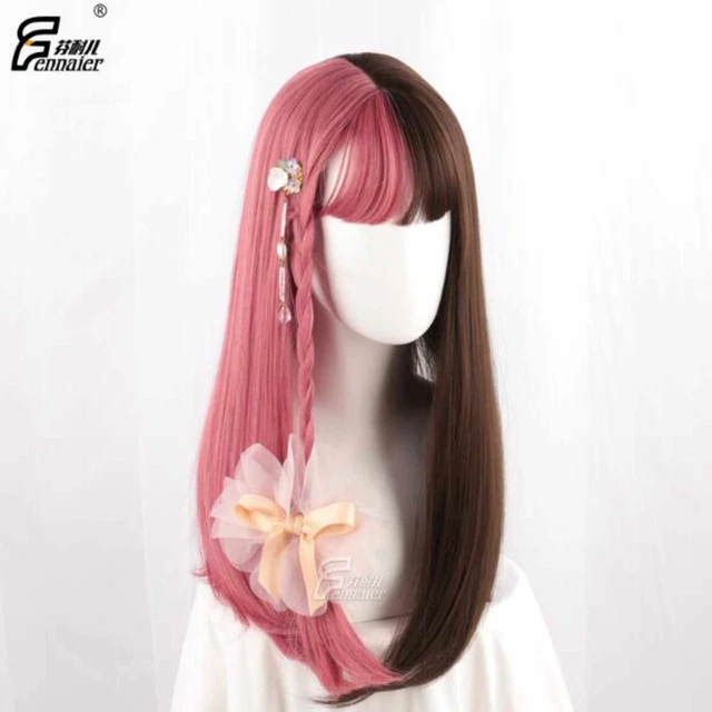 Gradient pink brown girl Long straight hair Cosplay wig hair wave new design