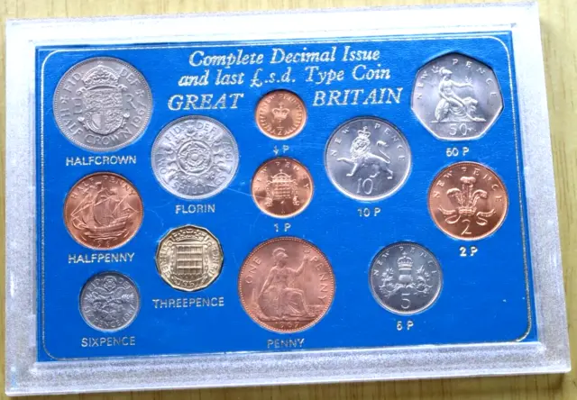 Complete Decimal Issue & Last £sd Type Great Britain 12 Coin Set in Perspex Case