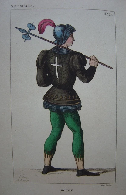 Très belle gravure d'un SOLDAT d'Infanterie XIVème siècle Archer Sergent d'Armes