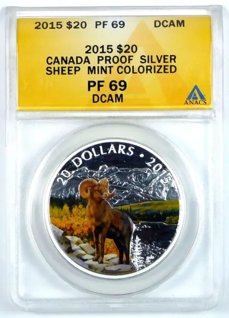 2015 $20 Canada Silver Colorized Bighorn Sheep - ANACS PF 69 DCAM - KM# 2006