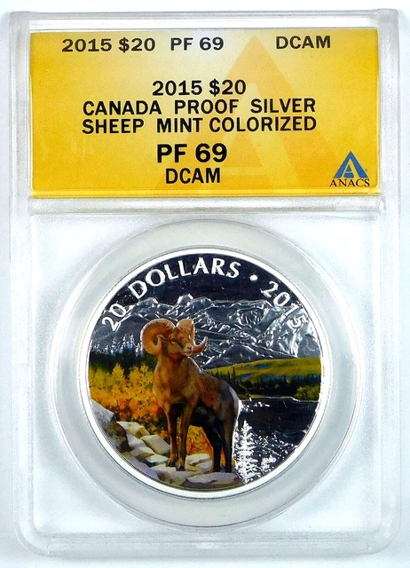 2015 $20 Canada Silver Colorized Bighorn Sheep - ANACS PF 69 DCAM - KM# 2006 2015 $20 Canada Silver Colorized Bighorn Sheep - ANACS PF 69 DCAM - KM# 2006