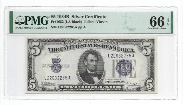 1934B $5 SILVER CERTIFICATE. PMG GEM Uncirculated 66 EPQ Banknote. L/A Block
