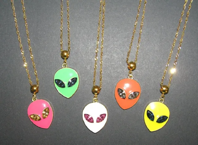 Alien Head Necklace 14KT Gold Pl. Shiny Crystal Eyes, Green, White, Pink, Orange