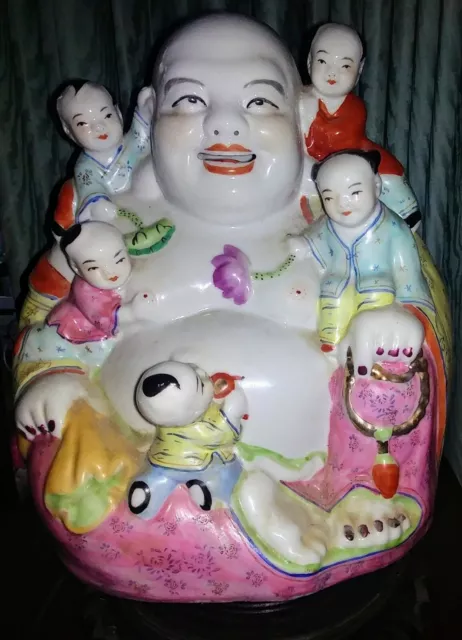 Vintage 10" Chinese Porcelain Figurine Laughing Buddha  w/ 5 playful boys