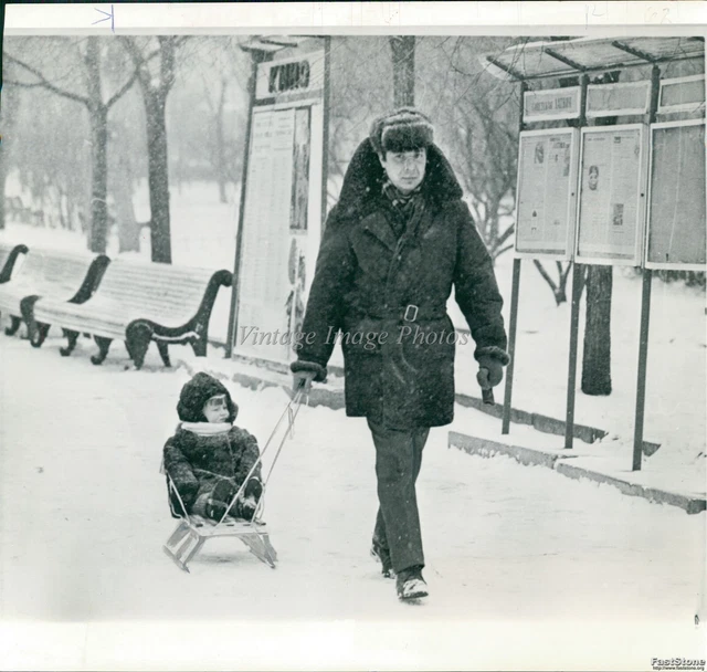 1973 Fur-Capped Father Tows Son On Tiny Sled Through Moscow Travel Photo 8X8