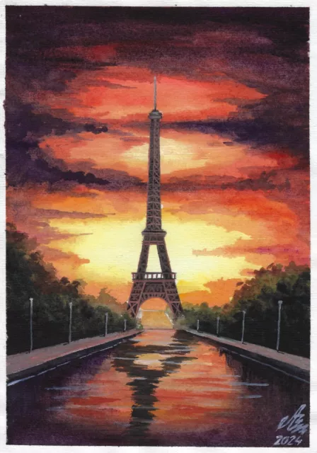 original drawing A5 64LV artwork watercolor modern cityscape Paris, France