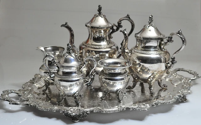 THEODORE B. STARR Silver on Copper 6 Piece Set w/Tray Teaset- Beautiful! VGC