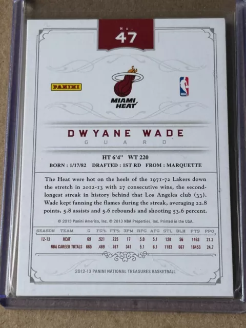 2012-13 DWYANE WADE National Treasures #47 83/99 HOF Miami Heat $50.00 ...