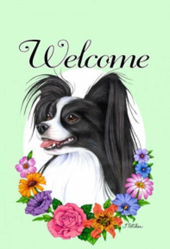 Welcome House Flag - Black and White Papillon 63078