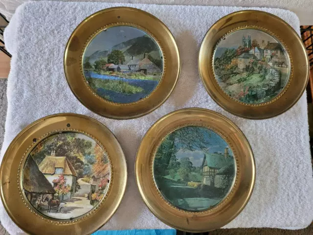 Lot of 4 Solid Brass Wall Hanging Plates Homes Art Pictures Made in England