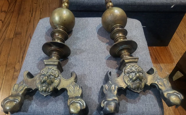 Pair of antique ornate Victorian Lion Head brass wrought iron fireplace andirons