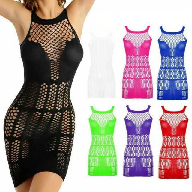 Women Sexy Fishnet Bodycon Mini Dress Hollow Out See Through Mesh Babydoll Dress