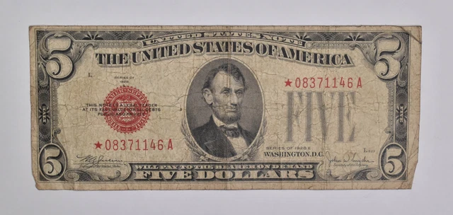 1928-E $5 United States Legal Tender Note Red Seal Star *5435