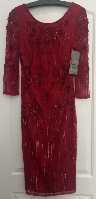 Theia NWT Dress 12 Red Knee Length Sequins Beading Sheath Beautiful!