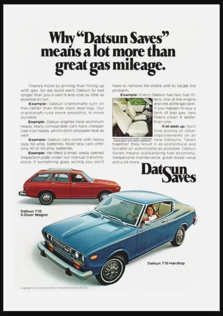 1975 Datsun 710 Wagon Hardtop Sedan-Red Blue car photo print ad-Man CaveDecor