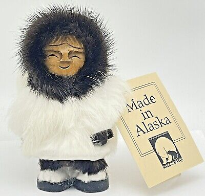 Memeluck Made in Alaska Hand Carved Wooden Face Native Doll Fur Kofelita