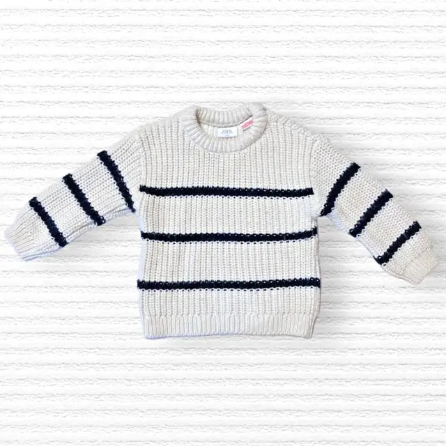 Zara Baby Toddler Boy Girl Cozy Sweater White Blue Stripe Unisex Kid Size 12-18M